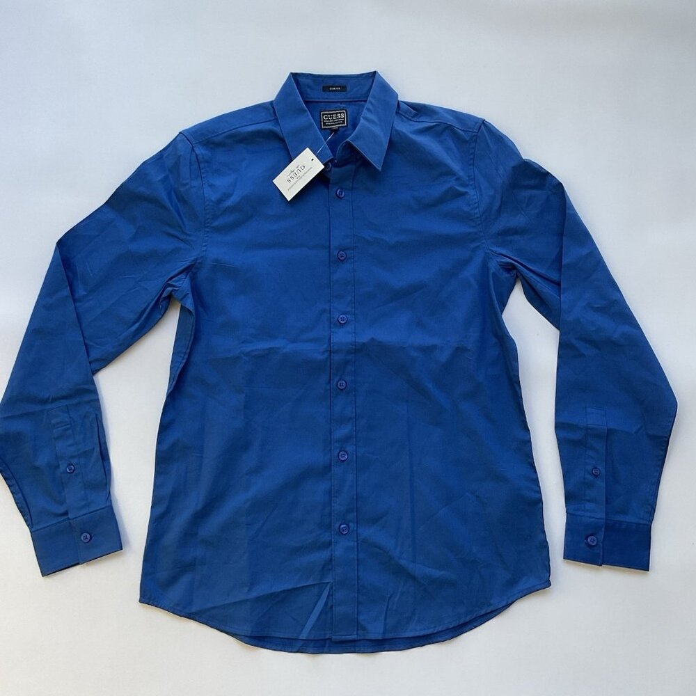 Guess Men’s Slim Fit Shirt Long Sleeves In Stretch Blue Size M